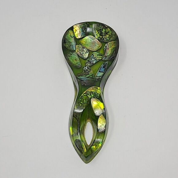 VINTAGE 1960's LUCITE Resin SPOON REST RARE Green w/ Abalone Shells California - Picture 1 of 6